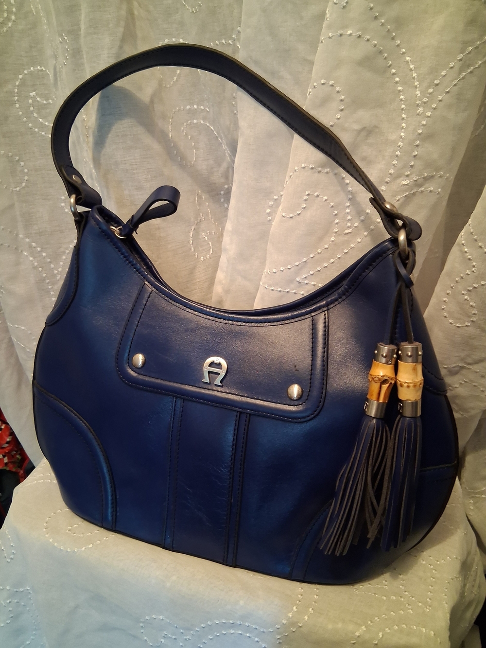 Etienne Aigner Navy Leather Hobo with Tassel Detail